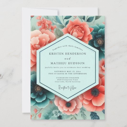 Teal-Korallen-Richt Botanische Hochzeit Einladung (Vorderseite)