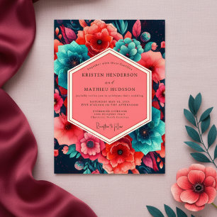 Teal-Korallen-Üppige-Blüten-Hochzeit Einladung