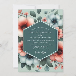 Teal Korallen Üppige Blüten Hochzeit Einladung