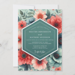 Teal Korallen Üppige Flora Hochzeit Einladung