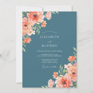 Teal Korallenblüten-Launen Hochzeit Einladung
