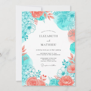 Teal Korallenblüten Romantische Hochzeit Einladung