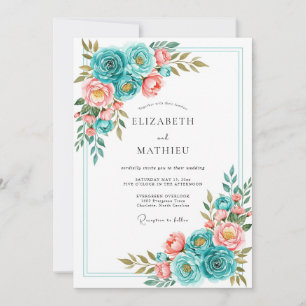 Teal Korallenblüten-Romanze Hochzeit Einladung