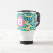 Teal Leaves Botanical Pattern Bright Pink Monogram Reisebecher (VorderseiteRechts)