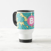 Teal Leaves Botanical Pattern Bright Pink Monogram Reisebecher (Vorderseite Links)