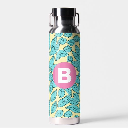 Teal Leaves Botanical Pattern Bright Pink Monogram Trinkflasche (Vorne)