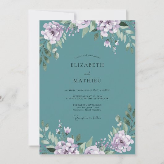 Teal-Lila-Blatt-Hochzeit Einladung (Vorderseite)
