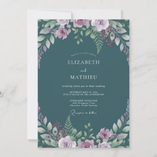 Teal-Lila-Blüten-Hochzeit Einladung