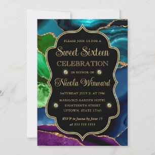 Teal, Lila und Gold Glitter Achat Rahmen Sweet 16 Einladung