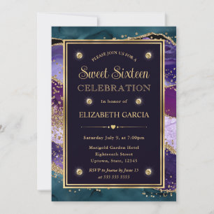 Teal, Lila und Gold Glitter Achat Sweet Sixteen Einladung