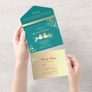 Teal Love Birds Hochzeit All In One Einladung
