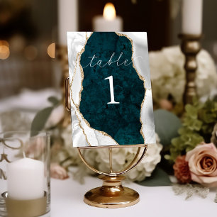 Teal Marble, White & Gold Achat Tischkarte Tischnummer