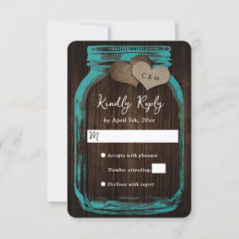 Teal Mason Jar Burlap Hearts Wood Wedding RSVP Karte