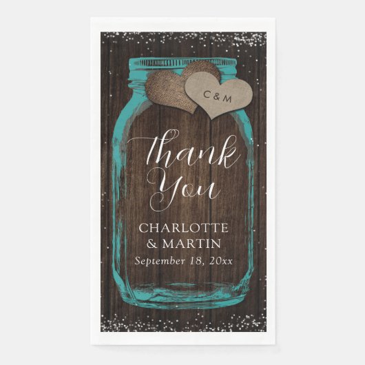 Teal Mason Jar Rustic Wood Thank You Wedding Serviette (Vorderseite)