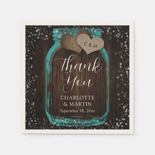 Teal Mason Jar Rustic Wood Thank You Wedding Serviette (Vorderseite)