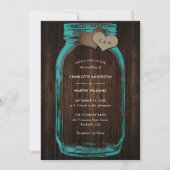 Teal Mason Jar Wood Monogram Burlap Hearts Wedding Einladung (Vorderseite)