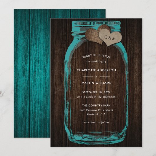 Teal Mason Jar Wood Monogram Burlap Hearts Wedding Einladung (Vorne/Hinten)