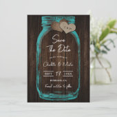 Teal Mason Jar Wood Monogram Romantic Fall Wedding Save The Date (Stehend Vorderseite)