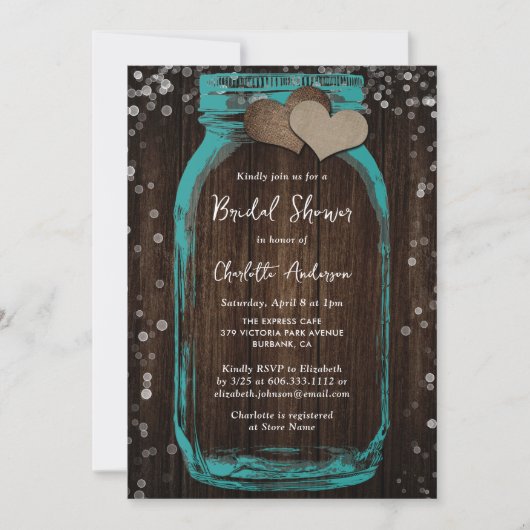 Teal Mason Jar Wood Rustic Bridal Shower Einladung (Vorderseite)