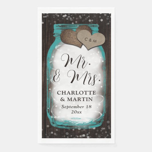 Teal Mason Jar Wood Rustic Wedding Serviette (Vorderseite)