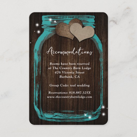 Teal Mason Jar Wood Wedding Accommodation Card Begleitkarte (Vorderseite)