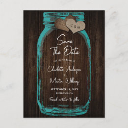 Teal Mason Jar Wood Wedding Save The Date Ankündigungspostkarte