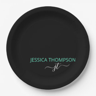 Teal Modern Black Einfacher Schrift Monogramm Name Pappteller