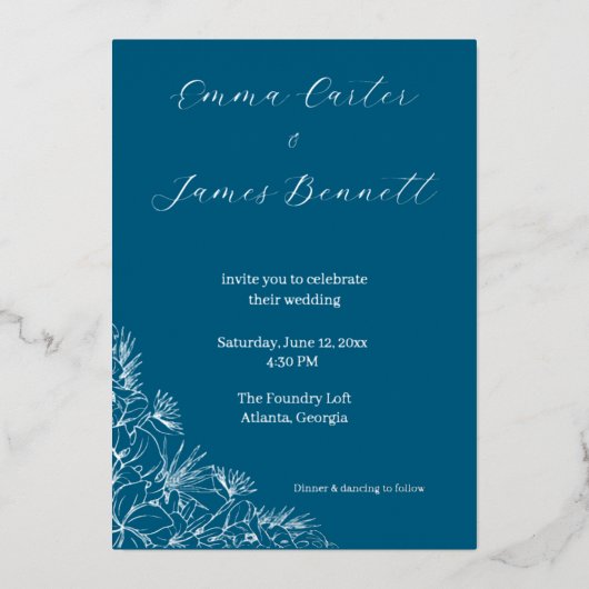 Teal Modern Botanical Wedding Foil Invitation Folieneinladung (Vorderseite)