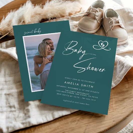 Teal Modern Script Baby Shower Photo Einladung