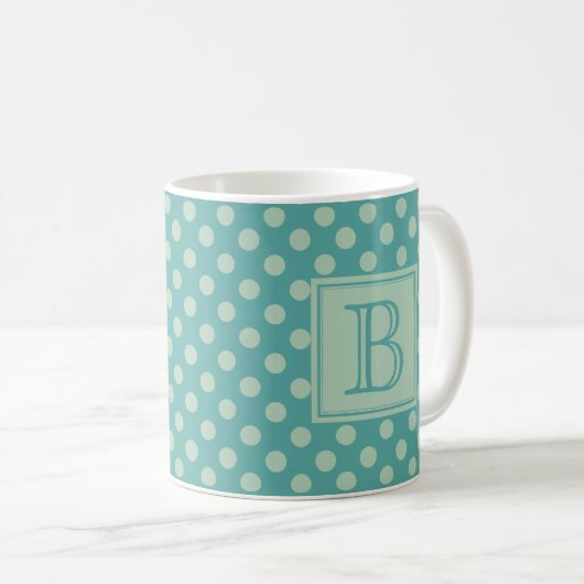 Teal Monogram Polka Dot Pattern Kaffeetasse (VorderseiteRechts)