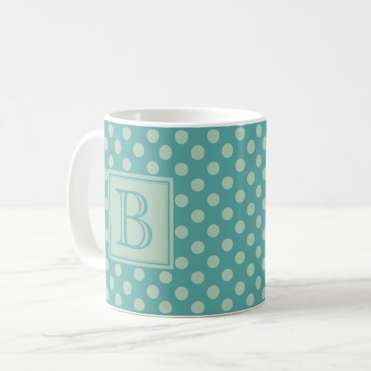 Teal Monogram Polka Dot Pattern Kaffeetasse (Vorderseite Links)