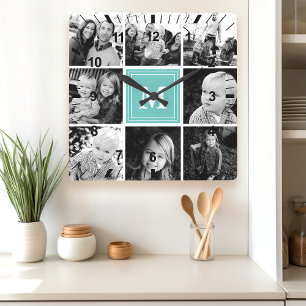 Teal-Monogramm-Familienfoto-Collage Quadratische Wanduhr