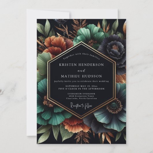 Teal Moody Bloom Hochzeit Einladung (Vorderseite)