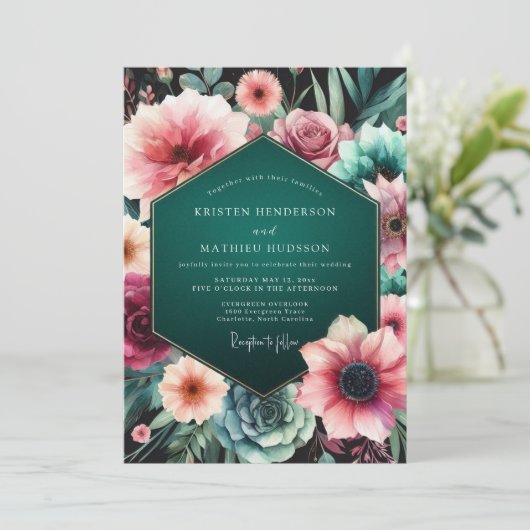 Teal Moody Floral Elegance Wedding Einladung (Stehend Vorderseite)