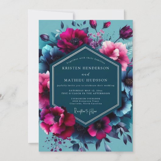 Teal Moody Floral Opulence Wedding Einladung (Vorderseite)