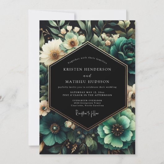 Teal Moody Floral Wedding Einladung (Vorderseite)