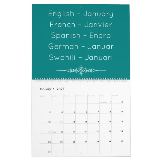 Teal  Multilingual Calendar Kalender (Jan 2027)