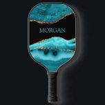 Teal Name, Black, Gold & Teal Agate Pickleball Schläger<br><div class="desc">Personalize your Name In Sky Blue on Black,  Gold & Teal Agate.</div>