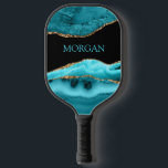 Teal Name, Black, Gold & Teal Agate Pickleball Schläger<br><div class="desc">Personalize your Name In Sky Blue on Black,  Gold & Teal Agate.</div>