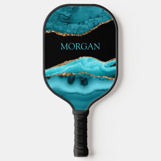 Teal Name, Black, Gold & Teal Agate Pickleball Schläger (Vorderseite)
