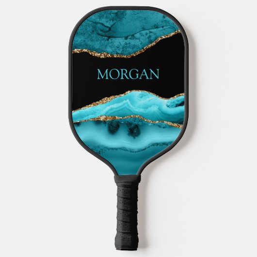 Teal Name, Black, Gold & Teal Agate Pickleball Schläger (Rückseite)