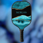Teal Name, Black, Gold & Teal Agate Pickleball Schläger<br><div class="desc">Personalize your Name In Sky Blue on Black,  Gold & Teal Agate.</div>