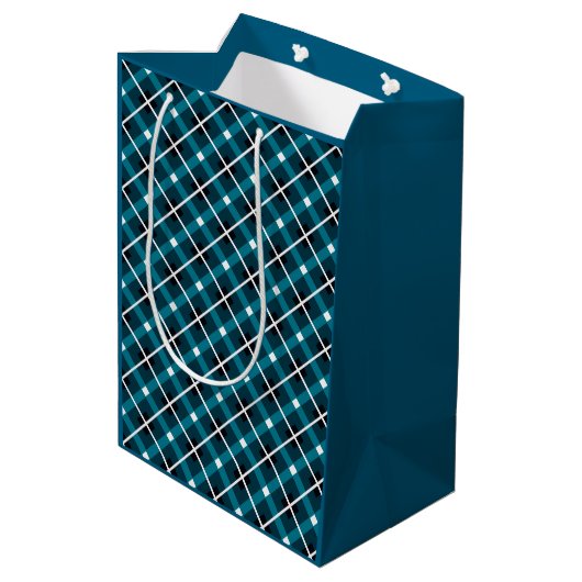 Teal & Navy Geometric Grid Pattern Mittlere Geschenktüte (Rückseite Schrägansicht)