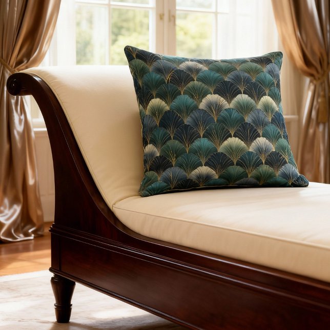 Teal Navy Gold Art Deco Fan Pattern Kissen (Von Creator hochgeladen)