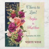 Teal, Navy, Green, Gold Bold Florals Wedding Weinetikett (Einzelnes Label)