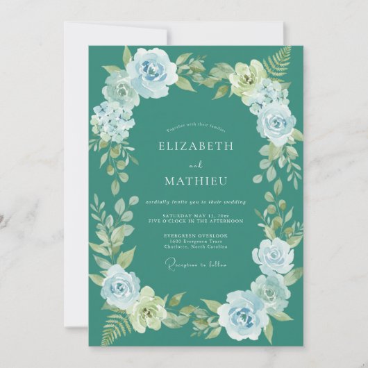 Teal-Nebel-Botanische Hochzeit Einladung (Vorderseite)