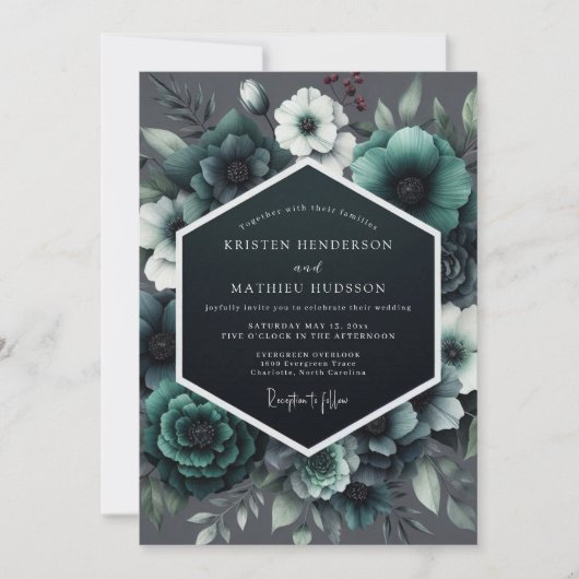 Teal Noir Anemone Wedding Einladung (Vorderseite)