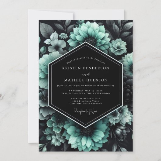 Teal Noir Florale Hochzeit Einladung (Vorderseite)