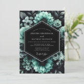 Teal Noir Florale Hochzeit Einladung (Stehend Vorderseite)