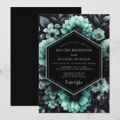 Teal Noir Florale Hochzeit Einladung (Vorne/Hinten)